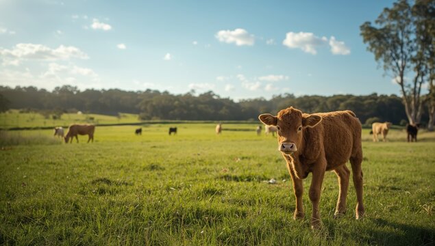 Cattle and a calf in a pasture during warm months, highlighting livestock grazing, land utilization, farming operations