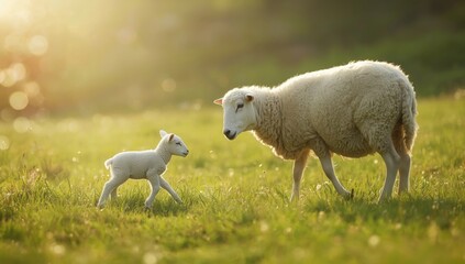 Fototapeta premium Adult and juvenile sheep resting in a lush pasture, highlighting animal care and grazing habits