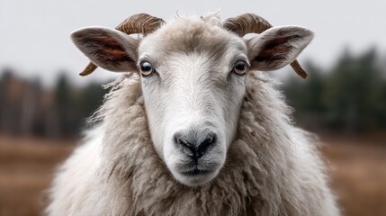 Obraz premium A white sheep with horns is staring at the camera. The sheep is in a field with trees in the background