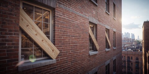 Boarded-up windows on a brick structure, security or renovation activity.