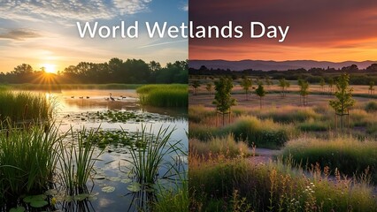 World wetlands day celebration with serene wetland landscape at sunrise and sunset