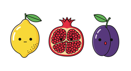 Set of three cute kawaii-style fruits with adorable faces, including a lemon, a pomegranate, and a plum illustration.