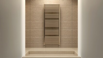 Modern metal towel dryer attached to ceramic brick tile in an apartment bathroom, emphasizing maintenance and safety, World Water Day