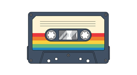 Detailed illustration of a vintage audio cassette tape with a colorful rainbow stripe, representing retro 80s and 90s music.