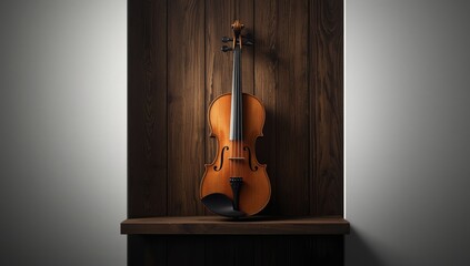 Wooden art display in a bright studio highlighting a violin with intricate scroll and nut, focusing on craftsmanship and musical instrument detail