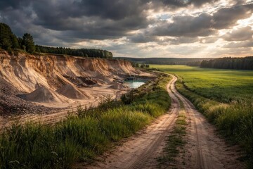 Natural and industrial landscape with sand quarry edge sandy road and green grass field beneath cloudy sky