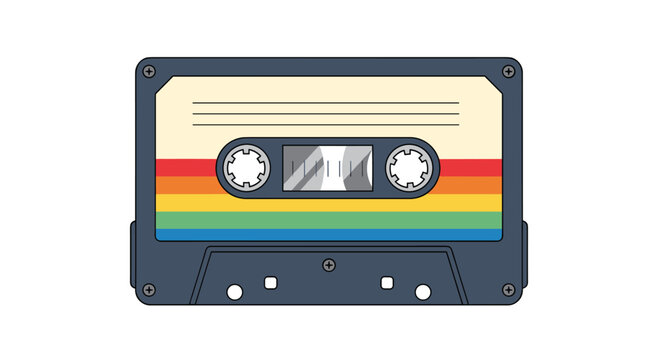 Detailed illustration of a vintage audio cassette tape with a colorful rainbow stripe, representing retro 80s and 90s music.