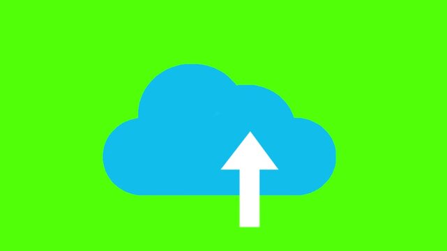 Blue cloud icon with an upward arrow indicating file upload, clean flat design animation, suitable for user interface, cloud storage visuals, digital services, and modern technology presentations.