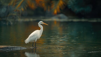 Obraz premium Cattle Egret perched among trees in a bird sanctuary, highlighting avian activity and environment, World Bird Day