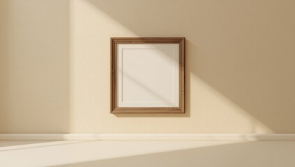Beige wall with a wooden frame serving as a subtle background for layout and graphic elements, neutral setting