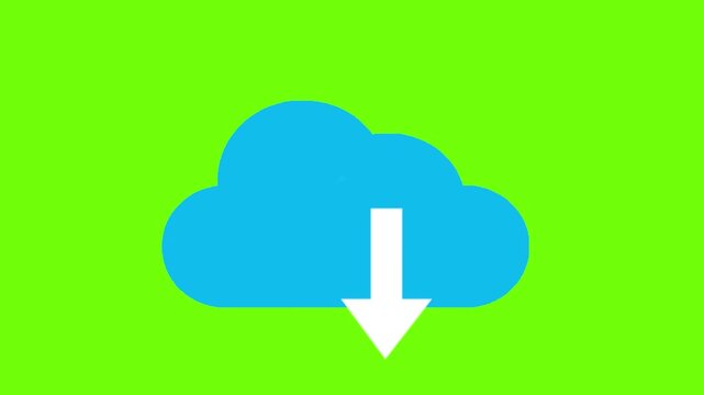 Blue cloud icon with a downward arrow representing file download, smooth flat animation, ideal for cloud computing visuals, user interfaces, digital platforms, and tech-related motion graphics.