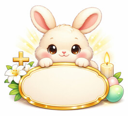 Cute white rabbit with lilies, Easter eggs, and Christian candle beside a blank label..Ideal for church invites, spring sales, or children&rsquo;s content.
