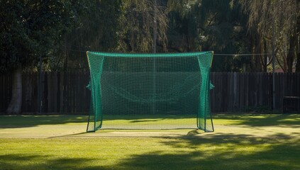 Cricket practice area with nets in an outdoor park, training activities