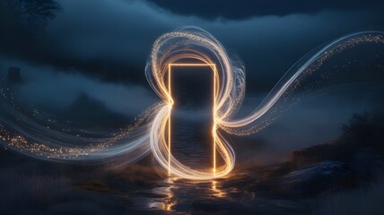 A luminous doorway made of swirling light particles opening in a dark landscape representing transition into the new year ethereal magical theme
