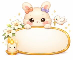 Smiling bunny surrounded by pastel Easter decor and radiant light behind a blank frame..Great for greeting cards, Sunday school graphics, or themed packaging.