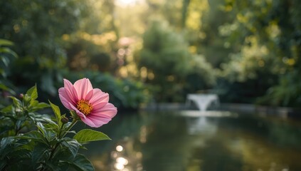 Vibrant pink blossom with yellow core surrounded by foliage for landscape decoration, summer, Earth Day