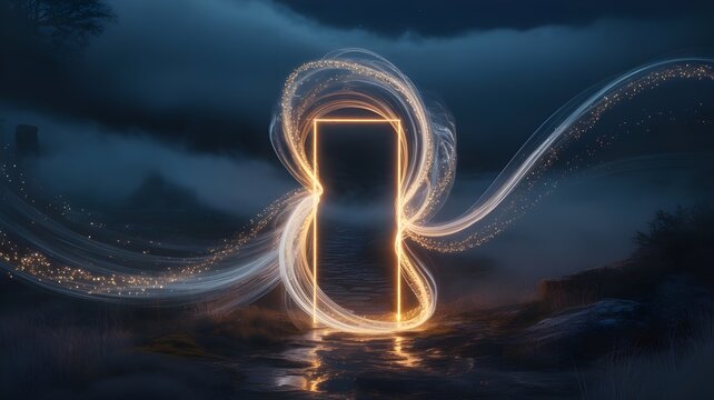 A luminous doorway made of swirling light particles opening in a dark landscape representing transition into the new year ethereal magical theme