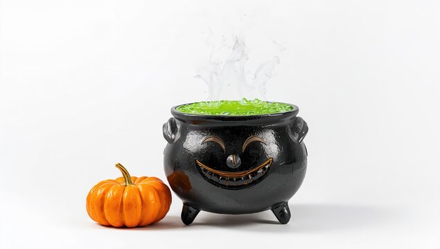 A black witchs cauldron with green potion for Halloween, highlighting brewing and mystical atmosphere