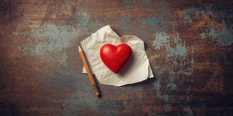 Vintage retro style with a red heart, pencil, and paper on wooden background, suitable for nostalgic holiday theme