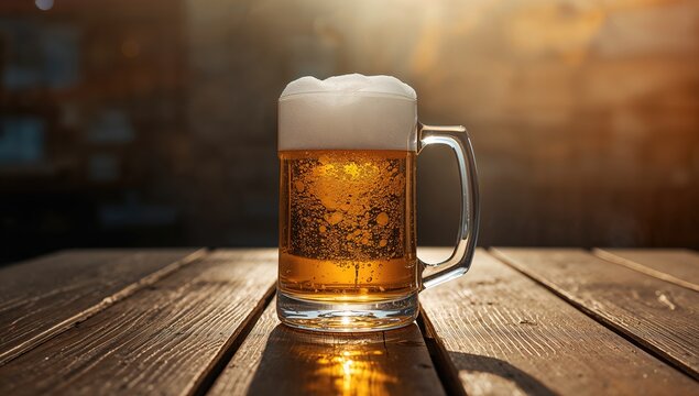 Half-filled beer mug on a sunlit table, highlighting casual leisure and sunlight