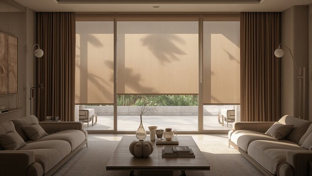 Living room featuring roller blinds and electric sunscreen curtains, focusing on window treatment functionality, World Environment Day