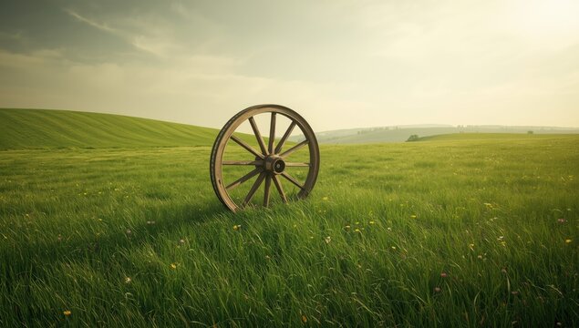 Vintage wagon wheel placed outdoors highlighting rural heritage and weathering effects