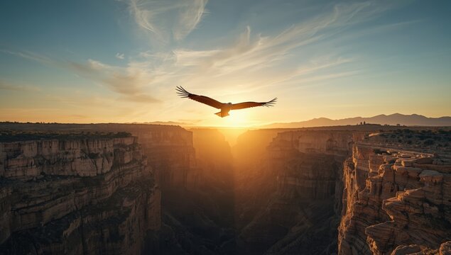 Flying bird over rugged mountains at sunset in Genal Valley, highlighting natural environment and habitat preservation