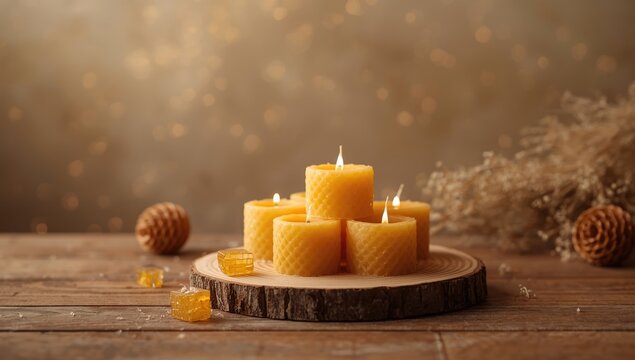 Artisan beeswax candles infused with honey scent, featuring visible honeycombs, designed for natural home d&Atilde;&copy;cor