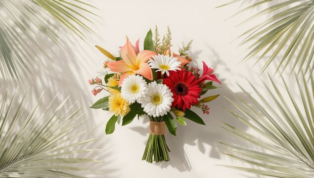Alstroemeria Saturne, Red Anthurium, White Chrysanthemum, Gerbera blossoms used in a floral display, decorative bouquet for event decoration, World Day for Biological Diversity