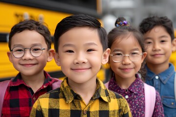 Multicultural group of schoolchildren smiling together outdoors by a yellow bus, capturing friendship, energy, and urban childhood moments.