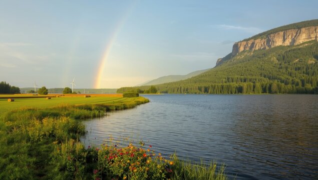 Landscape with rocks, lakes, and forests, highlighting ecological balance and seasonal change - Powered by Adobe