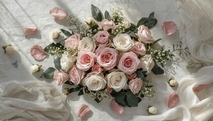 Flat lay of roses and leaves arranged on a background for decorative purposes, ideal for layout backgrounds