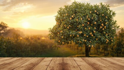Sunlit mango tree with hanging fruit at a farm during sunrise, tropical agriculture