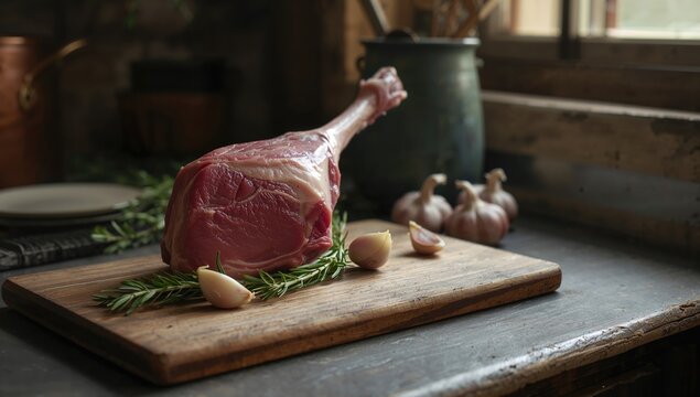 Uncooked lamb leg displayed for processing or cooking, focusing on meat freshness and handling standards