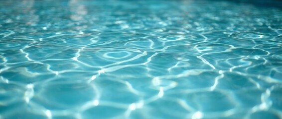 Clear blue rippling water surface in a swimming pool with shimmering sunlight reflections creating a beautiful caustic pattern, representing a calm and refreshing summer day
