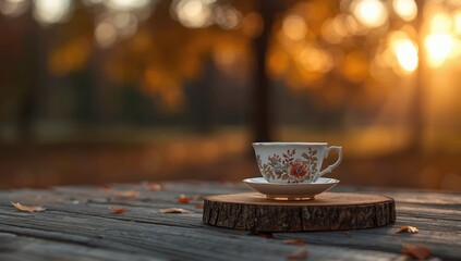 Tea cup placed on wooden planks amid autumn foliage with blurred trees in the background, seasonal change awareness