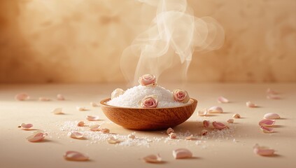 Decorative bath salts with dried flowers and sea salt grains for a luxurious home spa setup, wellness