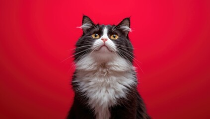 Feline with distinctive black and white coat looking up against a bold red backdrop, highlighting animal awareness