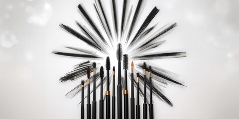 Set of various mascara brushes with mascara strokes, used for makeup application efficiency, beauty routines