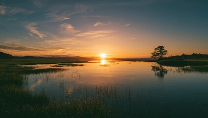 Fototapeta premium Sunset approaching on a warm day, gentle glow over natural scenery, ideal for editorial headers