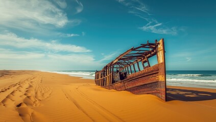 Shipwreck of Benguela Eagle on Namibias Skeleton Coast, historic maritime obstacle near Henties Bay and Torra Bay, 1973