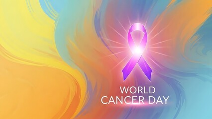 Vibrant world cancer day awareness ribbon on colorful abstract background