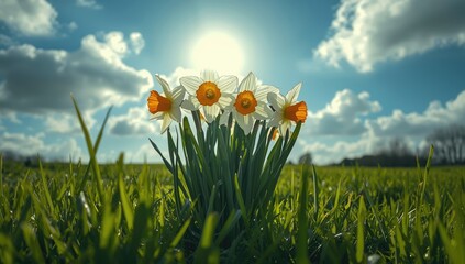 Vivid image of white daffodils with orange centers in lush greenery under a bright blue sky, suitable for nature backgrounds