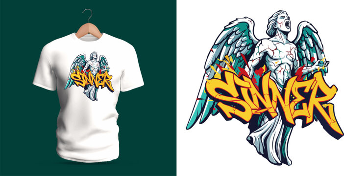 This vector T-shirt artwork features a distressed angel figure with detailed wings and expressive stone textures. The bold graffiti-style lettering &ldquo;Sinner&rdquo; appears beneath the figure