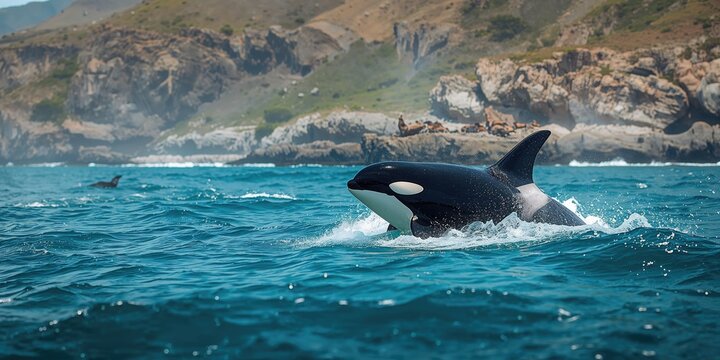 Killer whale pursuing sea lions in natural habitat, demonstrating marine predator activity in Patagonia
