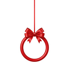 Red hanging christmas ornament ring tied with elegant satin bow on string