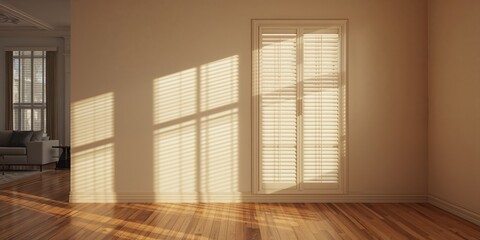 Interior window coverings with adjustable slats managing sunlight, background for layout and decor