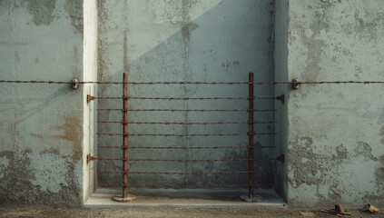 Concrete wall topped with barbed wire illustrating security measures, urban infrastructure