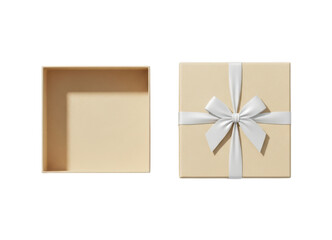Overhead view of opened beige gift box with white satin ribbon and bow