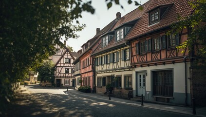 Fototapeta premium Old town street with ancient half-timbered buildings showcasing medieval architecture, highlighting preservation efforts, World Heritage Day
